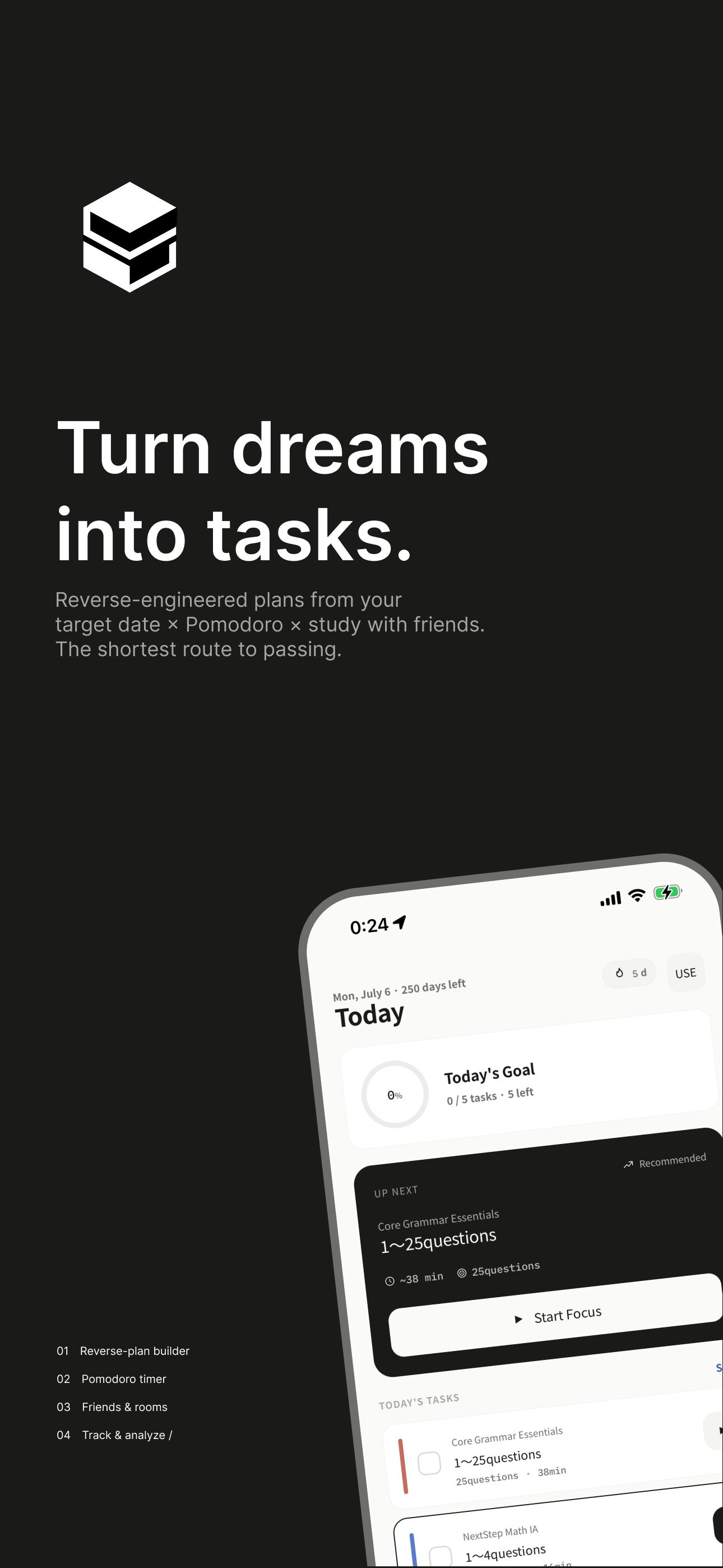 StudyNext app — turn your dream into tasks, home screen